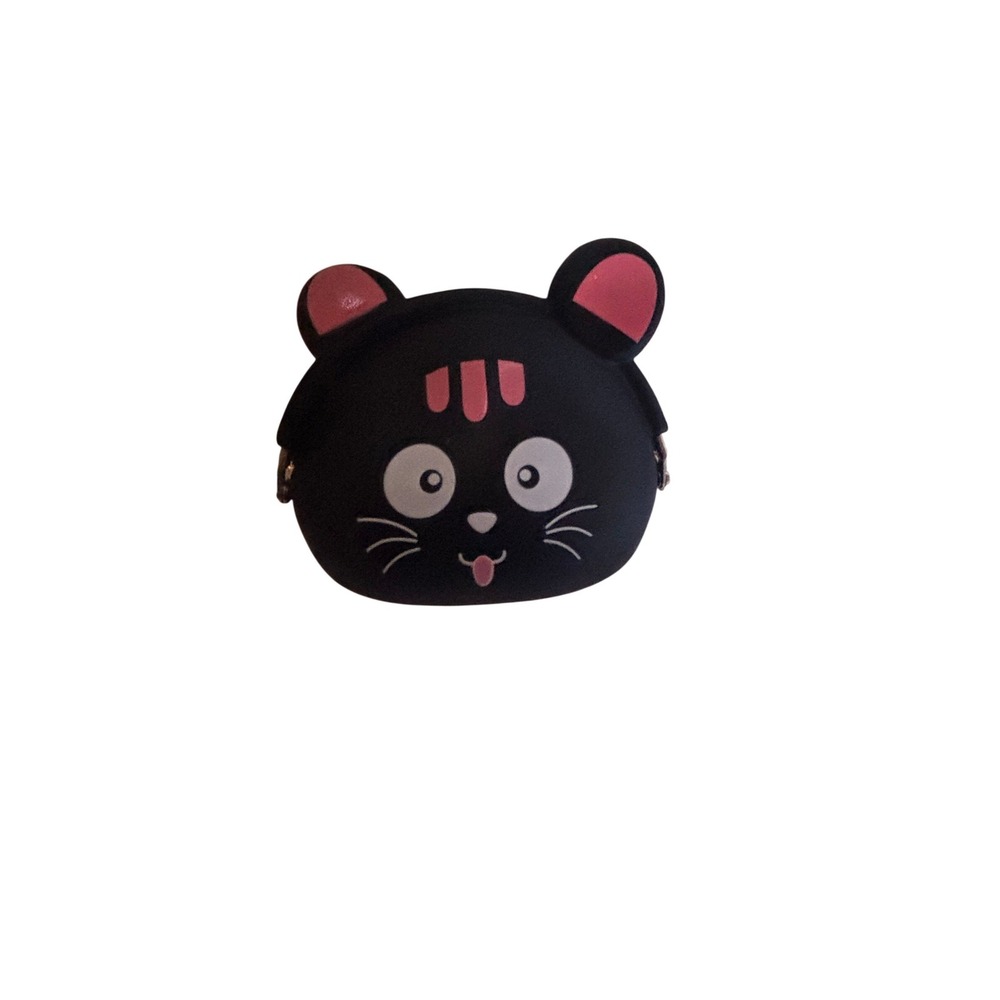 Black Silicone Cat Coin Purse Kiss Lock Cartoon Kitten Change Pouch Pink Accents